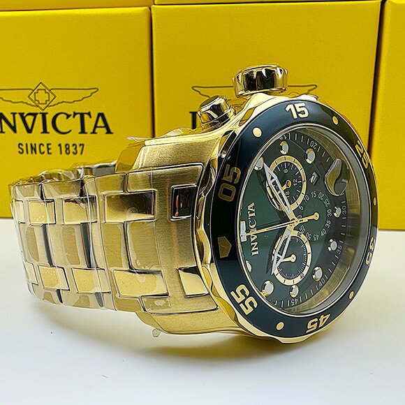 Invicta Men's 48mm PRO DIVER Scuba Chronograph Green Dial 18K Gold Plated Watch - Picture 2 of 8